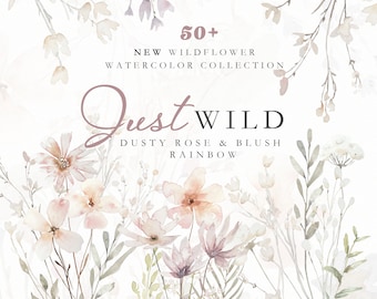 May include: Watercolor illustration of a collection of 50+ dusty rose and blush wildflowers. The illustration features a variety of flowers and foliage in shades of pink, white, and green. The text "Just WILD" is written in a cursive font above the flowers.