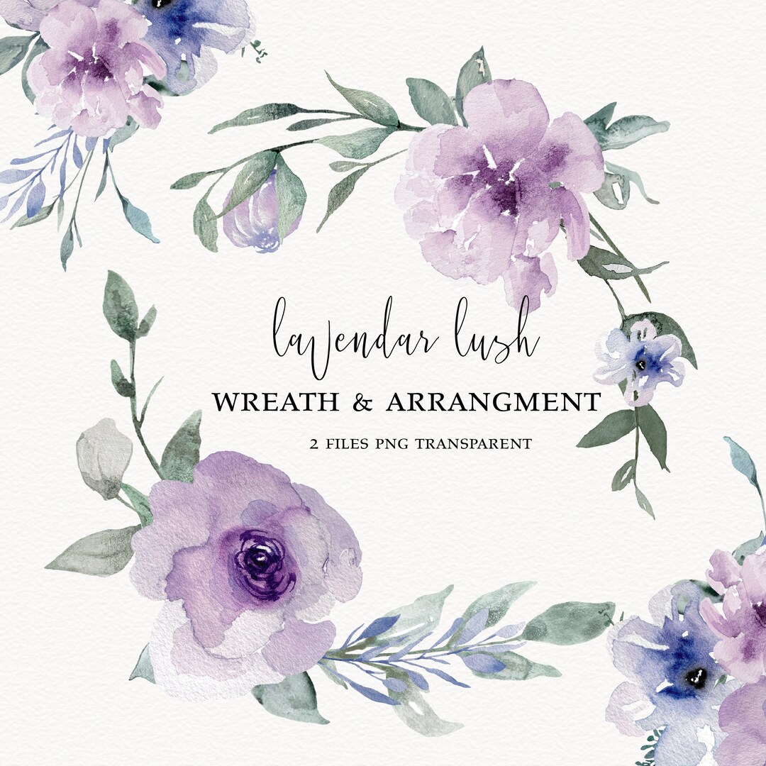 Lavendar Watercolor Floral Wreath and Arrangement Light Purple Flowers ...