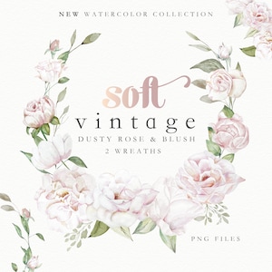 Dusty Rose and White Watercolor Wreaths - Watercolor Roses - Watercolor Floral Clipart - Dusty Rose Wedding Clipart - Vintage Floral Wreaths