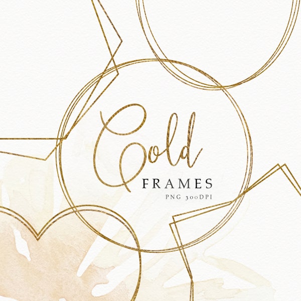 Gold Frame Clipart, Gold Frames, Organic Botanical Wedding Line Art, Heart, Star, Circle, Square, Diamond, Transparent PNG Commercial Use