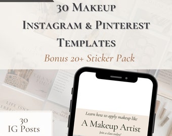30 Instagram Templates, Social Media Marketing Templates, Beauty, Makeup, Instagram Story Templates, Pinterest Templates, Bonus Stickers