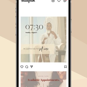 May include: A screenshot of an Instagram post with a woman in a white robe sitting in a chair. The text on the post reads "07:30 Sunday, August 1 It's a perfect day for self care" and "BOOK NOW Available Appointments."