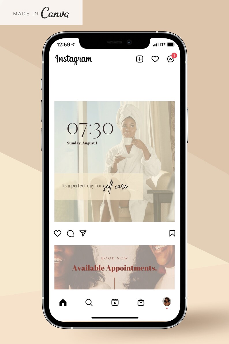 May include: A screenshot of an Instagram post with a woman in a white robe sitting in a chair. The text on the post reads "07:30 Sunday, August 1 It's a perfect day for self care" and "BOOK NOW Available Appointments."