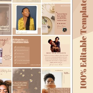 May include: A collage of nine Instagram post templates for a hair salon. The templates feature images of women with different hairstyles, text about hair care, and a quote about loving one's hair. The templates are in a warm color palette with brown, beige, and white tones. The text on the templates includes "Hair goals", "6 Steps to Healthier Hair", "Meet Our Stylists", "Bad Hair Day", "Now Open", and "Reminder".