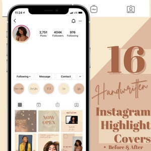 May include: A screenshot of an Instagram profile with 16 handwritten Instagram highlight covers. The covers are in a light brown color scheme with white text. The covers include categories such as "Before & After", "Client Selfies", "Tik Tok", "Color", and "Styles".