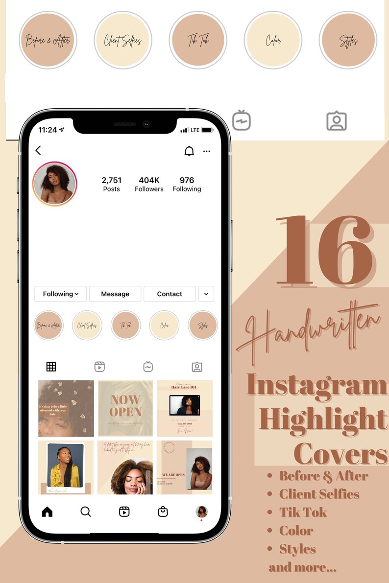 May include: A screenshot of an Instagram profile with 16 handwritten Instagram highlight covers. The covers are in a light brown color scheme with white text. The covers include categories such as "Before & After", "Client Selfies", "Tik Tok", "Color", and "Styles".
