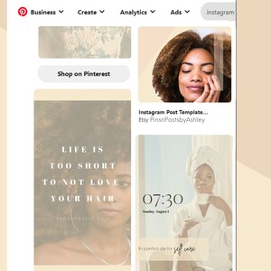 May include: A collage of four Instagram post templates featuring a woman with dark curly hair. The templates are for Etsy shop owners and include text such as "Life is too short to not love your hair" and "It's a perfect day for self care".