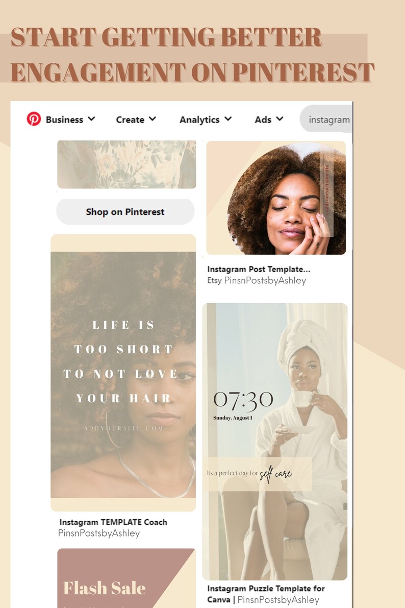 May include: A collage of four Instagram post templates featuring a woman with dark curly hair. The templates are for Etsy shop owners and include text such as "Life is too short to not love your hair" and "It's a perfect day for self care".