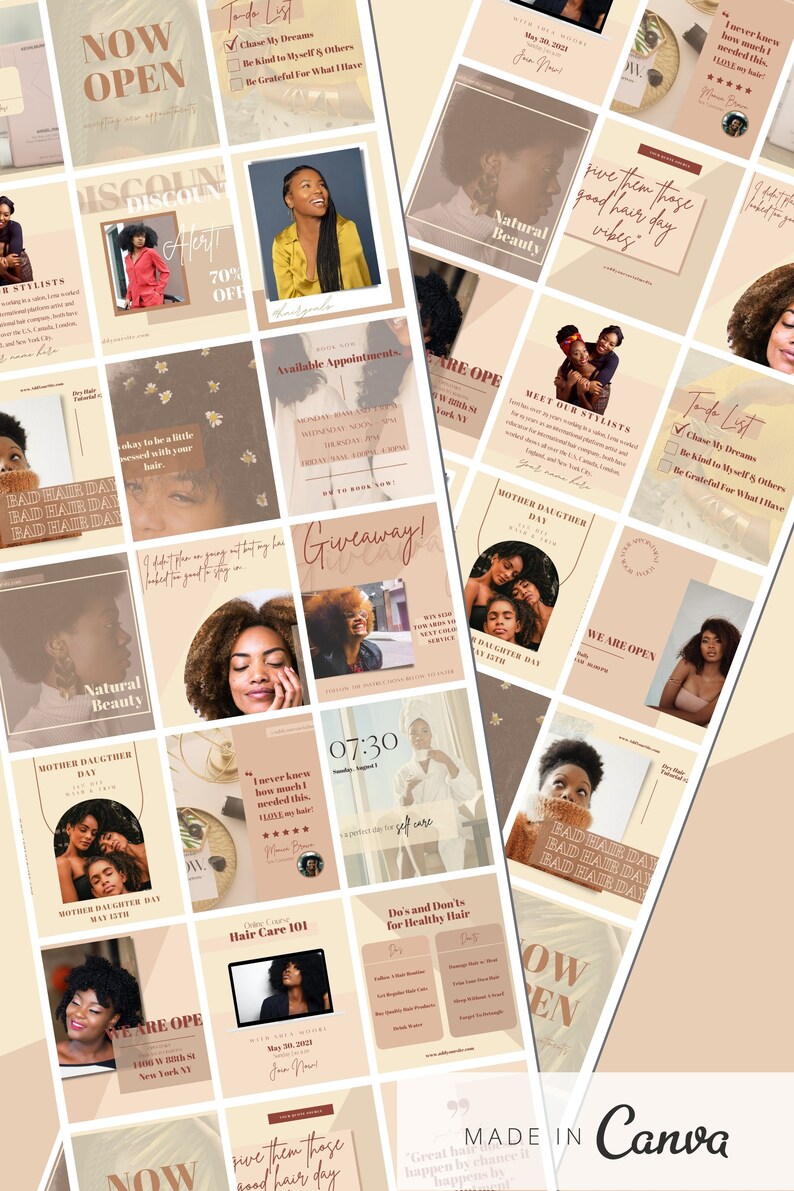 May include: A collage of images promoting a hair salon. The images feature a variety of styles, including natural hair, braids, and updos. The salon offers a variety of services, including hair care, styling, and coloring. The salon is located in New York City and is open for appointments. The salon also offers a giveaway.