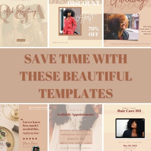 May include: A collage of social media templates for a business. The templates feature a variety of designs, including a discount alert, a giveaway announcement, a Q&A session, a hair care course, and a booking calendar. The templates are all in a neutral color palette with a modern aesthetic.