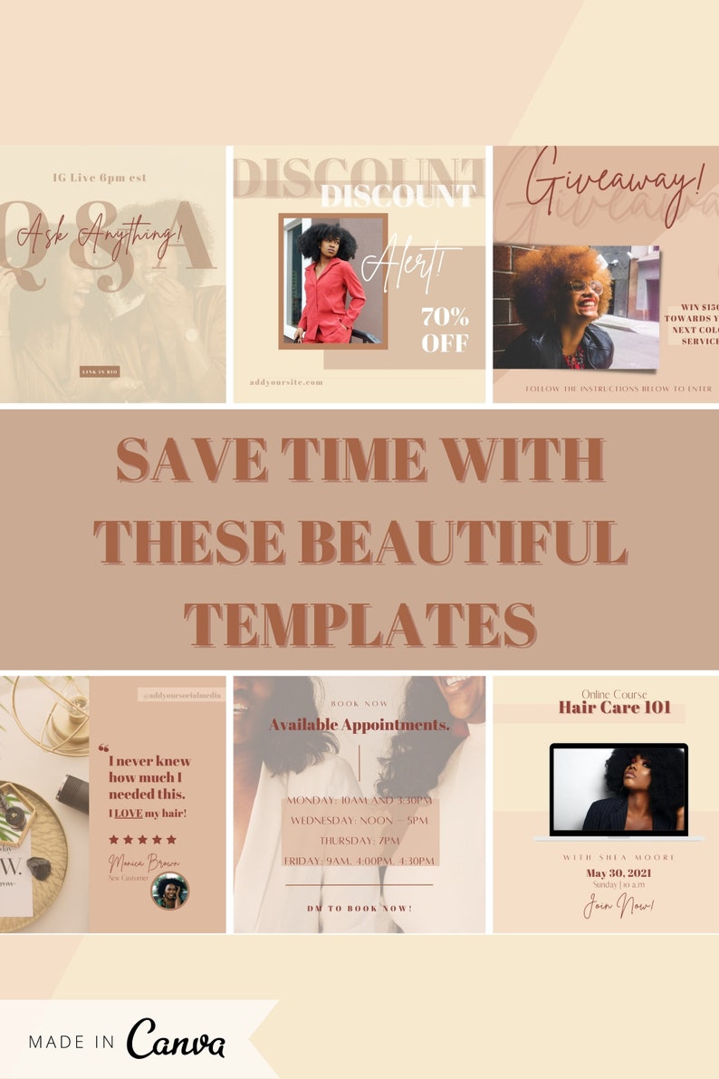 May include: A collage of social media templates for a business. The templates feature a variety of designs, including a discount alert, a giveaway announcement, a Q&A session, a hair care course, and a booking calendar. The templates are all in a neutral color palette with a modern aesthetic.