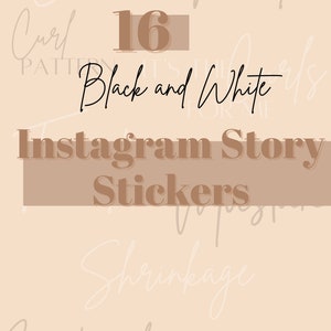 May include: A set of 16 black and white Instagram story stickers with text that includes "Braids", "Twists", "Curl Patterns", "Shrinkage", "Natural", "Protective Style", and "Black and White".