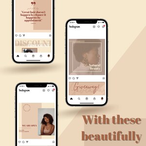 May include: Four Instagram post templates for a hair salon or beauty business. The templates feature a quote about hair, a discount announcement, a giveaway announcement, and a business open announcement. The templates are in a neutral color palette of beige and brown.