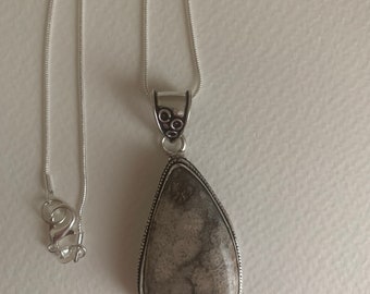 Fossil Coral Natural Gemstone Pendant on 925 Sterling Silver Plated 18” Chain