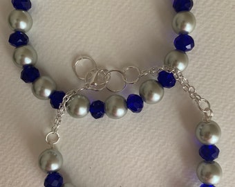 Set of 2 Blue and Silver Glass Bead Bracelets