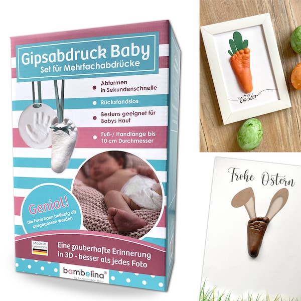 Einmal abformen immer wieder ausgießen, bambelina® Gipsabdruck Set Baby Hand, Fuß, Handabdruck, Deutsches Produkt, Ostern, Muttertag