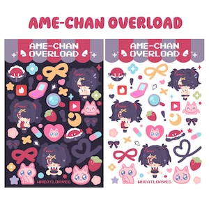 May include: A set of stickers featuring a character with black hair and a pink bow, along with other colorful designs. The stickers are arranged in a grid pattern on a black and white background. The text "AME-CHAN OVERLOAD" is displayed at the top of the image.