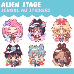 May include: A sheet of stickers featuring six cartoon characters in school uniforms. The stickers have a cute anime style with pastel colors and decorative elements. Text at the top reads "ALIEN STAGE SCHOOL AU STICKERS."