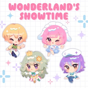 May include: Four cartoon characters with large eyes and colorful outfits. The characters are a yellow-haired character with a green vest, a pink-haired character with a blue dress, a green-haired character with a yellow dress, and a purple-haired character with a blue and white sailor outfit. The text "WONDERLAND'S SHOWTIME" is at the top of the image.