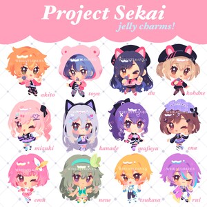 May include: Twelve colourful Project Sekai jelly charms, each with a unique anime-style character design. The charms have different hairstyles, outfits, and accessories, with the text "Project Sekai jelly charms!" at the top.