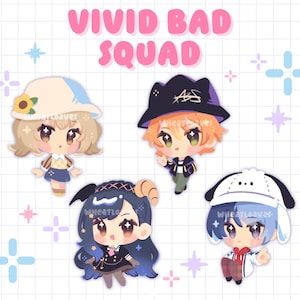 May include: Four cartoon characters with different hairstyles and outfits. The characters are wearing hats and have large eyes. The characters are on a white and pink background with stars and plus signs.