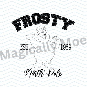 Peut inclure: Illustration en noir et blanc de Frosty le bonhomme de neige portant un chapeau et tenant une pipe. Le texte "FROSTY" est au-dessus du bonhomme de neige et le texte "EST. 1969" est en dessous du bonhomme de neige. Le texte "North Pole" est en dessous du bonhomme de neige.