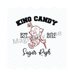 May include: Black and white illustration of a cartoon king with a crown and a cane. The text "King Candy Est. 2012 Sugar Rush" is written around the image.