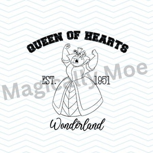 May include: Black and white illustration of the Queen of Hearts from Alice in Wonderland. The text reads "Queen of Hearts", "Est. 1951", and "Wonderland". The queen is depicted with an angry expression, arms raised.