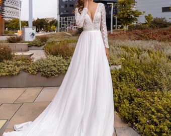 a line deep v neck wedding dress