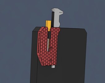 May include: A black object with a red honeycomb-patterned attachment, a yellow component, and a silver handle. The red attachment has the text "Belt Blade Woodworking" printed on it. The background is a solid dark blue.