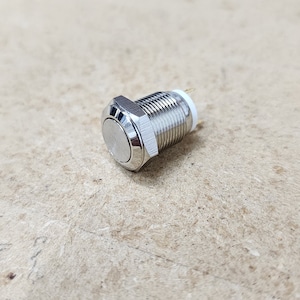 Puede incluir: Un interruptor de botón pulsador de metal plateado con un botón redondo y una base hexagonal.