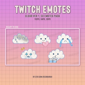 May include: A set of five Twitch emotes featuring cute cloud characters with different expressions. The emotes are available in three sizes: 112 pixels, 56 pixels, and 28 pixels. The emotes are designed in a cartoon style with bright colors and simple shapes.