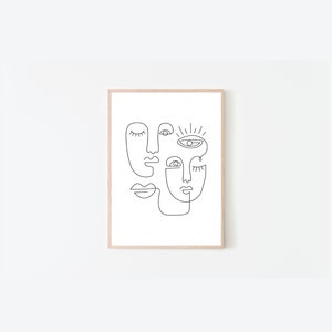 May include: A black and white line drawing of three faces, each with unique features, including closed eyes, open eyes, and a single eye with a sunburst above it. The faces are connected by lines, creating a continuous line drawing.
