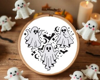 Padrão de Ponto Cruz Coração Fantasma, Miniaturas Assustadoras de Halloween (Download Digital)