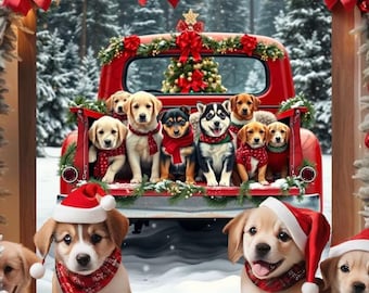 Christmas Puppies Red Truck Cross Stitch Pattern, Snow Scene Needlework (Digital Download)