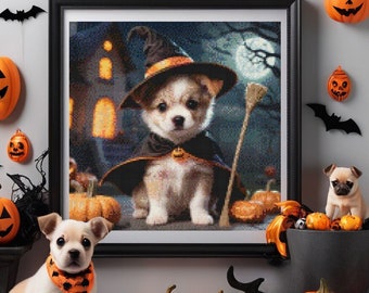 Puppy Halloween Cross Stitch, Halloween Stitch, Dog Halloween Cross Stitch, Puppy Halloween Pattern, Dog Halloween Pattern, Halloween Stitch