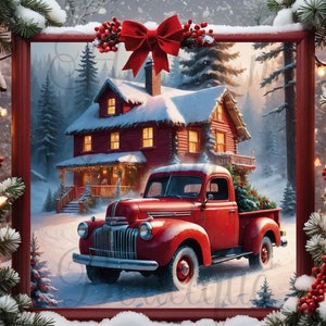 May include: A red vintage pickup truck with a Christmas tree in the bed, parked in front of a red wooden house with snow on the roof. The house has lights in the windows and a wreath on the door. The scene is set in a snowy forest with pine trees.