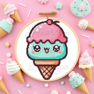 Patrón PDF de punto de cruz de cono de helado de dibujos animados, patrón de punto de cruz lindo, punto de cruz kawaii, patrón de punto de cruz de helado