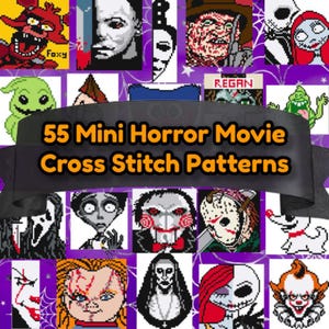 Peut inclure: Une collection de 55 mini motifs de point de croix de films d'horreur. L'image présente des portraits pixélisés de personnages d'horreur emblématiques comme Freddy Krueger, Michael Myers et Pennywise, sur un fond violet avec des toiles d'araignées.