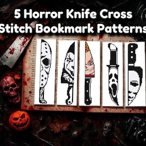 Può includere: Cinque modelli di segnalibri a punto croce a tema horror, ognuno con disegni di coltelli. Ogni segnalibro mostra un coltello di un iconico film horror. Il testo "5 Horror Knife Cross Stitch Bookmark Patterns" è visualizzato in alto.