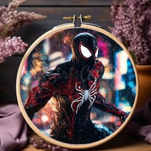 May include: A black and red Spider-Man character with white eyes is depicted in a digital art style. The character is standing in a city setting with blurred lights in the background.
