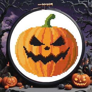 Pumpkin Cross Stitch, Halloween Cross Stitch, Scary Cross Stitch, Holiday Xstitch, Holiday Stitch, Holiday Pattern, Cute Halloween Pattern