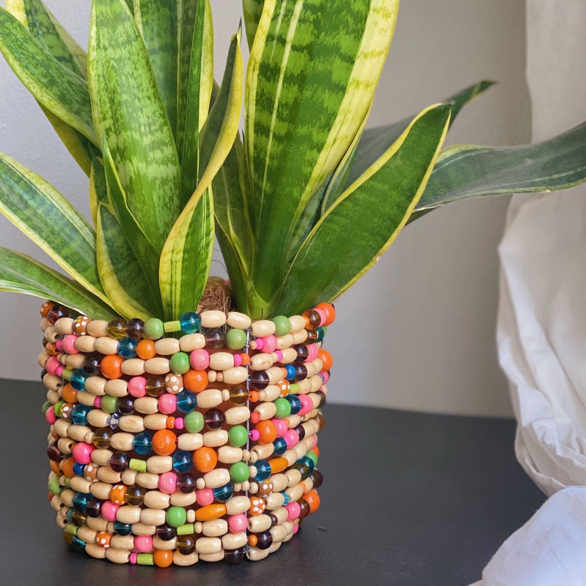 Large plant pot made from repurposed wooden and glass beads Etsy