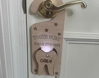 Personalized Lighted Tooth Fairy Door Hanger: Maple Wood Kids Door Tag