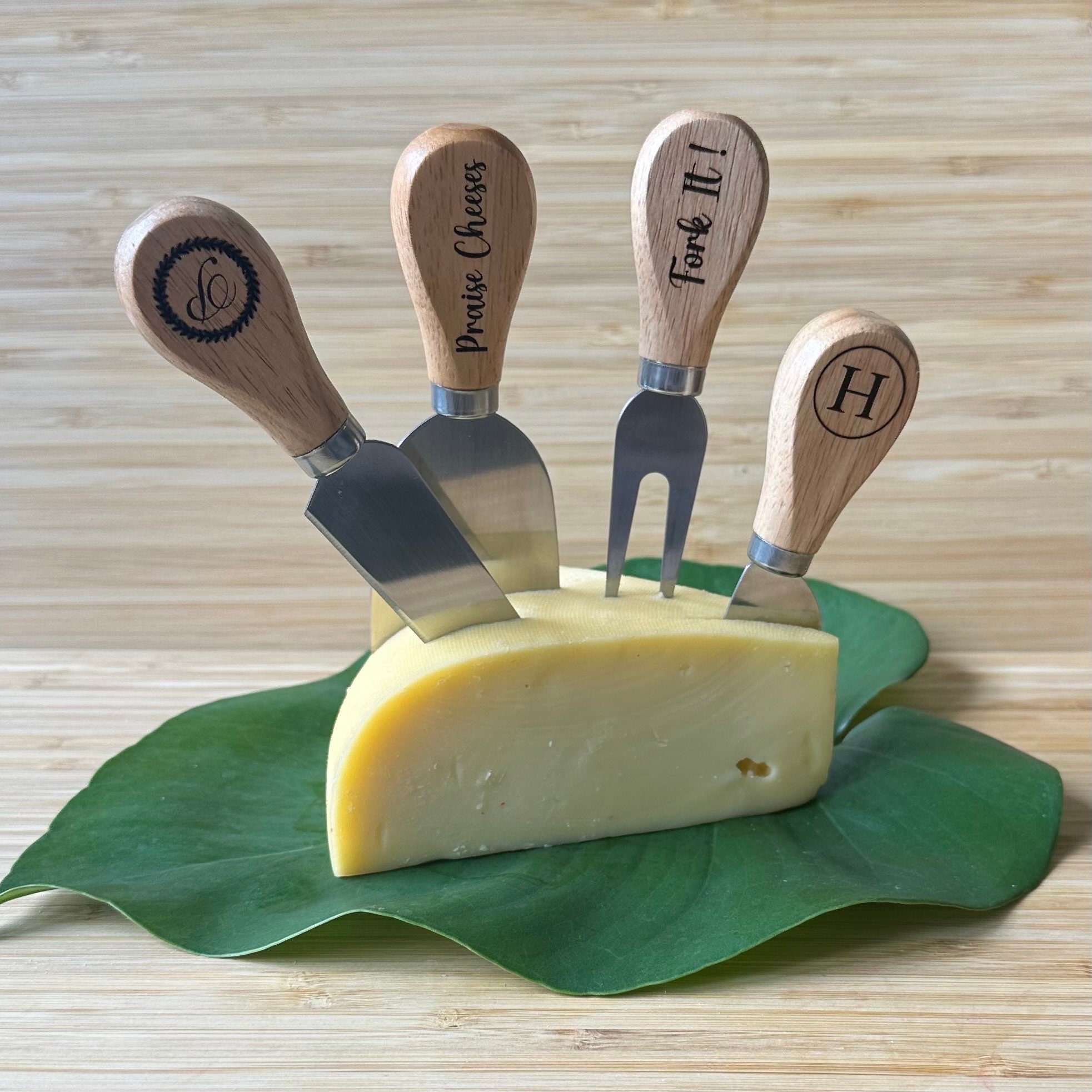 Engraved Personalized Set of 4 Wood Cheese Knives Charcuterie Knives  Cutting Knives Spreaders Cheese Knife, Shaver, Fork and Spreader 