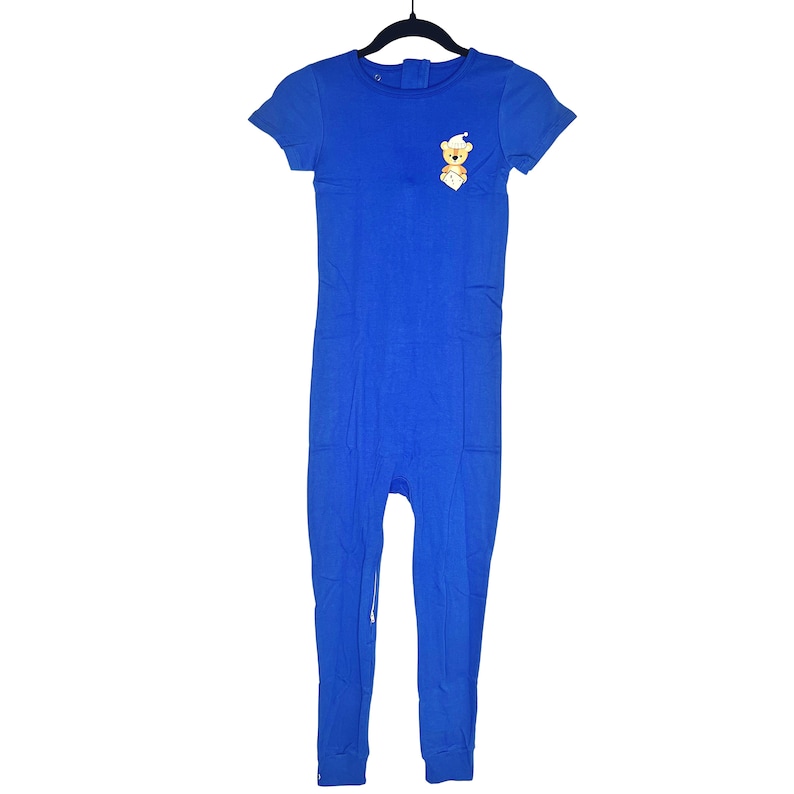 May include: A royal blue one-piece jumpsuit with short sleeves and a small teddy bear applique on the chest.