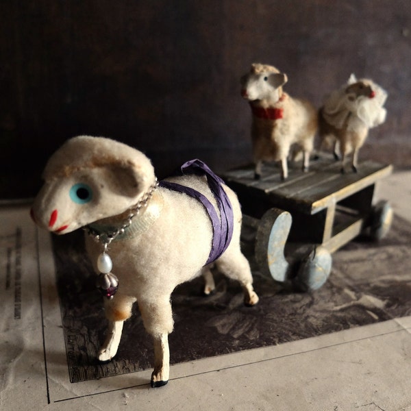 Lot de 3 moutons allemands en coton filé Putz Stick Leg / Crèche / Décoration de Noël, mouton laineux vintage, agneau vintage