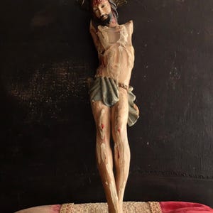 Antique Hand Carved Corpus Christi / Carved Wooden Christ Figure/ Spanish Religious Art/ Baroque Christ