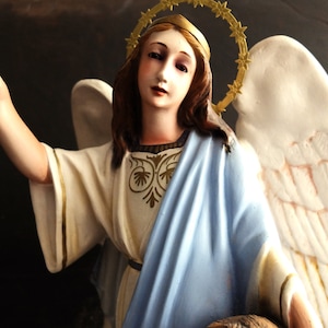 Antique Statue Guardian Angel with Child/ Spanish Religious Art/ Glass Eyes/ 50 cm/ 19.68&quot;