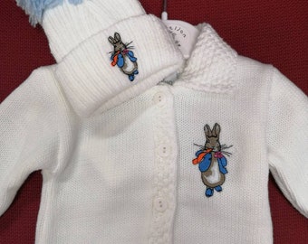 Jemima puddle duck or Peter rabbit 2 piece set Cardie and  pom hat  4 sizes